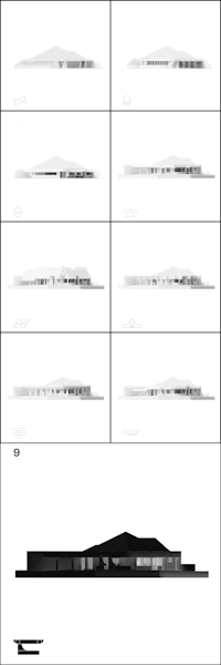 a series of black and white drawings of a building