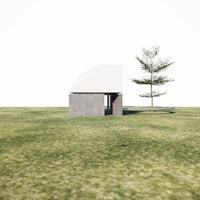 a 3d model of a small building on a grassy field