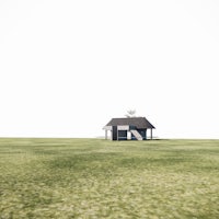 a small house in the middle of a grassy field