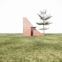 a 3d model of a pink building on a grassy field