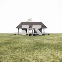 a 3d model of a pavilion in a grassy field